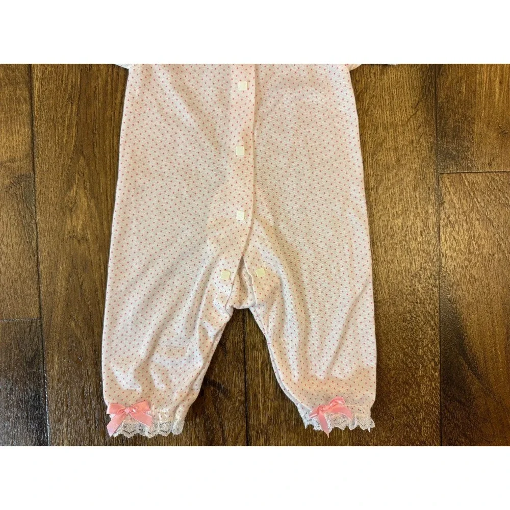 Vintage Baby Terry Brand Girl Outfit 3 3/6 Months Pink Dots Bow Lace Square Snap